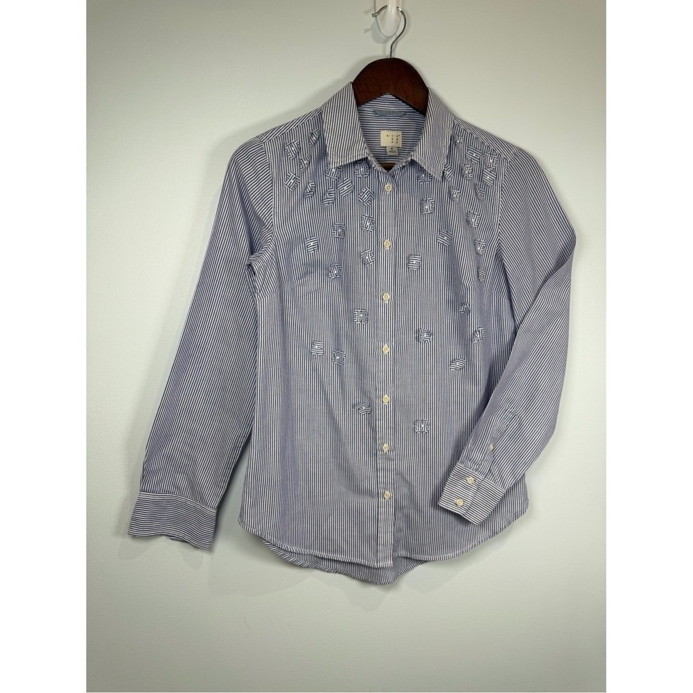 A New Day Striped Floral Appliqué Button Down Long Sleeve Shirt Collar EUC Sm